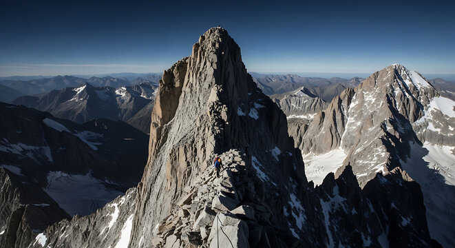 View from Narrow Arete with Steep Drop-offs on Both Sides and Distant Peaks
