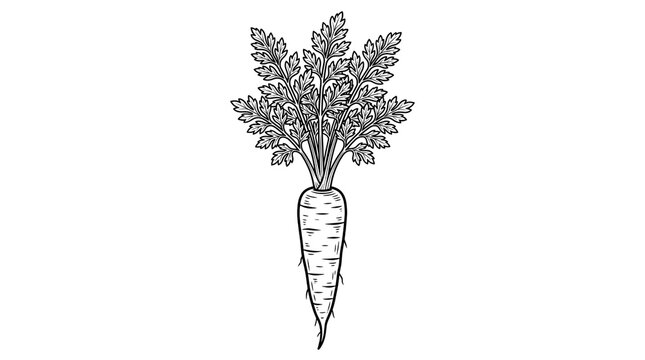 Vintage carrot illustration with leafy greens, hand drawn vegetable sketch on white background, rustic garden root crop engraving style