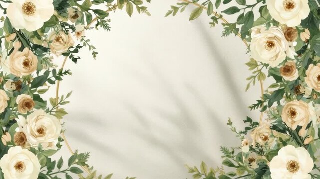 Floral Frame White Flower Botanical Wreath Green Foliage Border Cream Background Arrangement