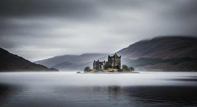 Misty Loch with Ancient Castle Ruins on Island Scottish Highlands