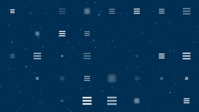 Template animation of evenly spaced menu symbols of different sizes and opacity. Animation of transparency and size. Seamless looped 4k animation on dark blue background with stars