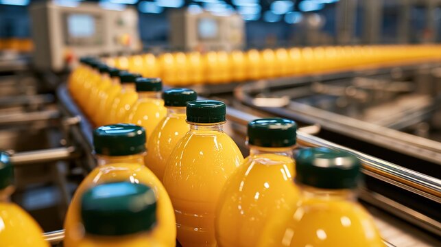 Orange juice bottles moving along factory production line