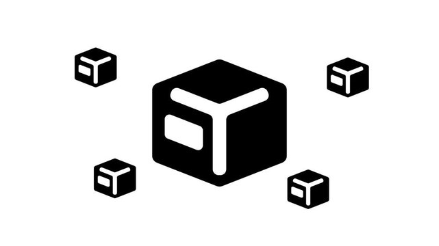 Zoom in and out animation the package box symbol. Large black symbol in the center and four small symbols around. Seamless looped 4k animation on white background