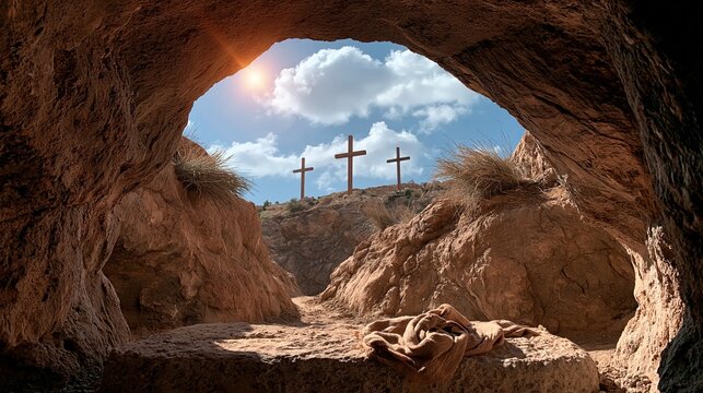 Empty stone tomb looking out to three crosses