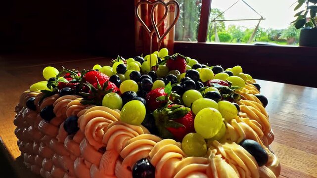 Fruit cake in a woven basket shape rests by a bright window in Cesis, Latvia.