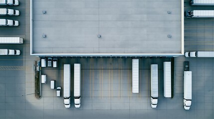 Fototapeta premium Aerial view of logistics center with trucks docked