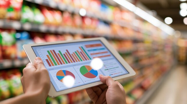 Hands holding tablet displaying colorful inventory charts in