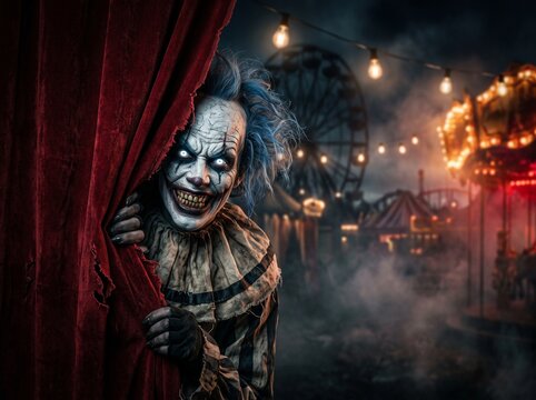 Scary clown performer peeking from behind red curtain at carnival with amusement park rides in background
