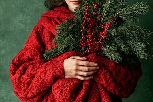 Woman's arms in a red sweater cradling a pine branch bouquet against a dark green background
