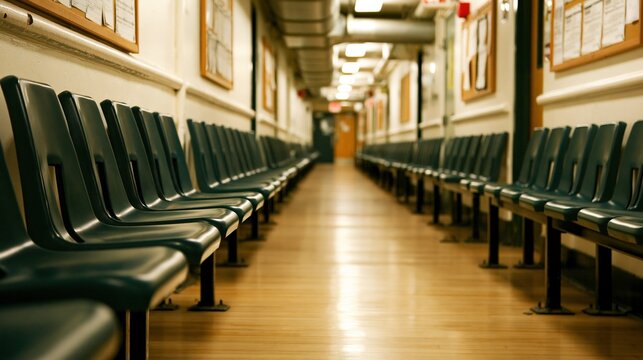 Empty hospital corridor with rows of waiting chairs
