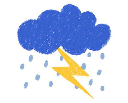 Dark Blue Rain Cloud with Lightning Bolt and Falling Raindrops