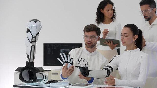 Scientists in white lab coats fit a bionic exoskeleton arm onto a female volunteer at a lab desk, robot arm software glowing on the monitor