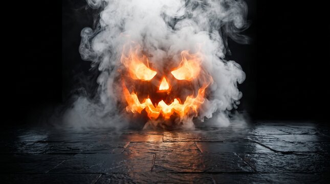 Smoke forming a carved pumpkin face with fiery eyes and mouth on dark background