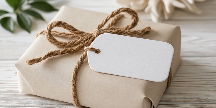 Brown paper gift box with blank white tag