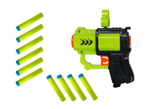 Toy foam dart blaster gun with soft bullets isolated on white background