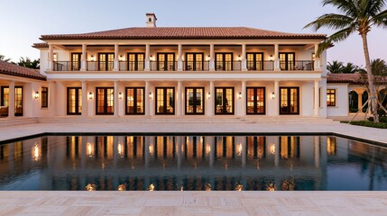 Fototapeta premium Luxury mansion with swimming pool reflecting warm evening