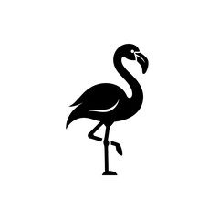 Black flamingo silhouette icon standing on one leg isolated on transparent background for tropical nature wildlife photography and exotic animal themed graphics. © Hina
