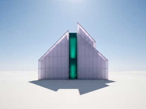 Modern translucent building with green center standing in a vast white desert