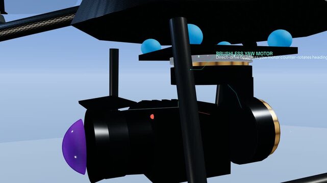 3D animation of a drone camera gimbal stabilization system, highlighting the MEMS gyro sensor, brushless yaw motor, aerospace roll arm, pitch elevation actuator, and frozen optical core