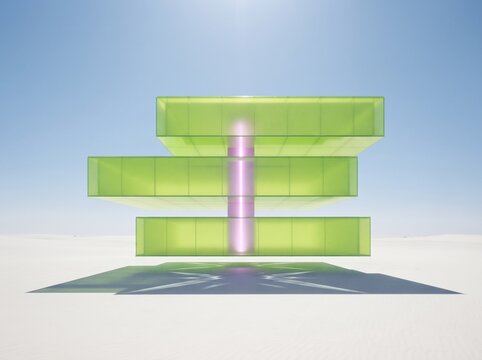 Abstract translucent green geometric structure floating above a white desert