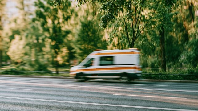 White ambulance speeding down tree-lined road