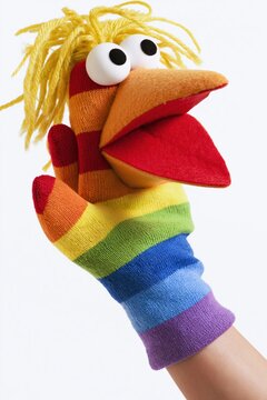 Colorful sock puppet bird on white background