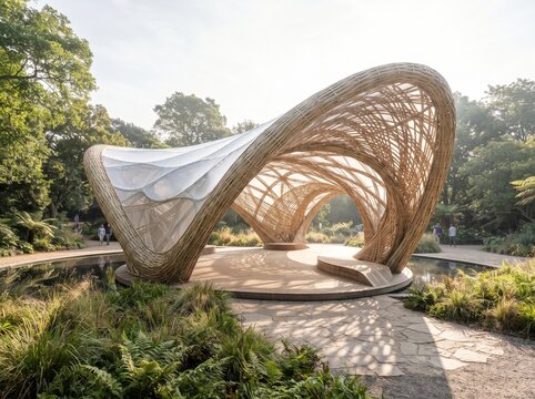 Modern bamboo pavilion structure with curved roof situated in a lush garden park