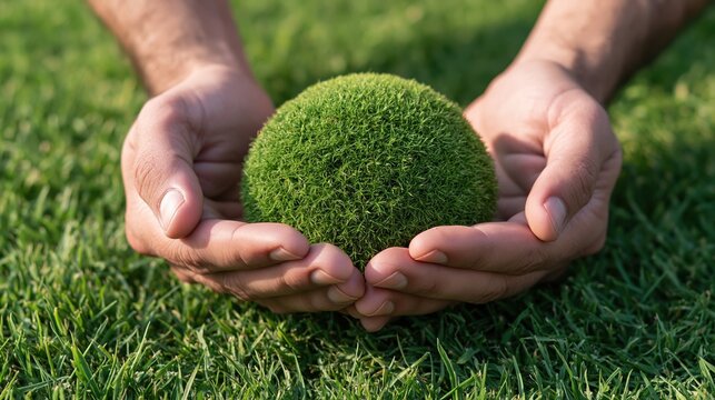 hands cradling green grass sphere on lawn