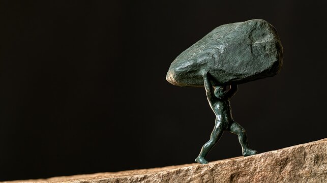 Tiny figurine carries large stone rock uphill