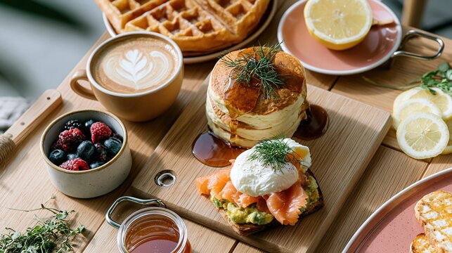 healthy breakfast platter with pancakes and avocado toast