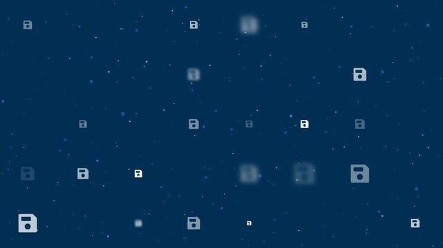 Template animation of evenly spaced floppy disk symbols of different sizes and opacity. Animation of transparency and size. Seamless looped 4k animation on dark blue background with stars