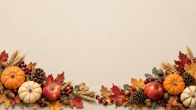Autumn harvest border with pumpkins and red apples, fall foliage frame on beige background, thanksgiving seasonal banner with copy space