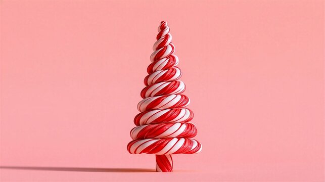 Christmas tree shape made from a spiraling red and white candy cane stripe on pink