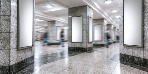 Fototapeta premium Empty metro station hallway with blank advertising boards