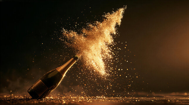Champagne bottle popping with a dramatic golden spray against a dark background