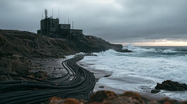 Massive Undersea Cables Stretching From a Remote Coastal Station Across the Ocean, Connecting Continents and Global Networks
