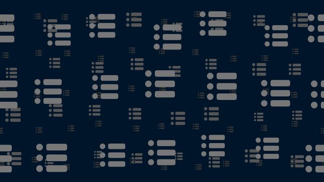 List symbols float horizontally from left to right. Parallax fly effect. Floating symbols are located randomly. Seamless looped 4k animation on dark blue background