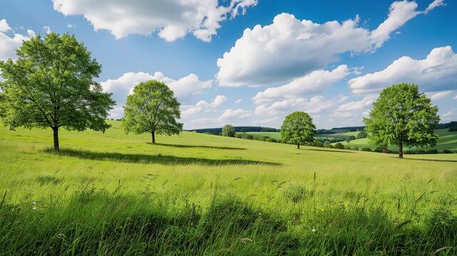Serene landscape with sunlight filtering through lush green trees casting soft shadows