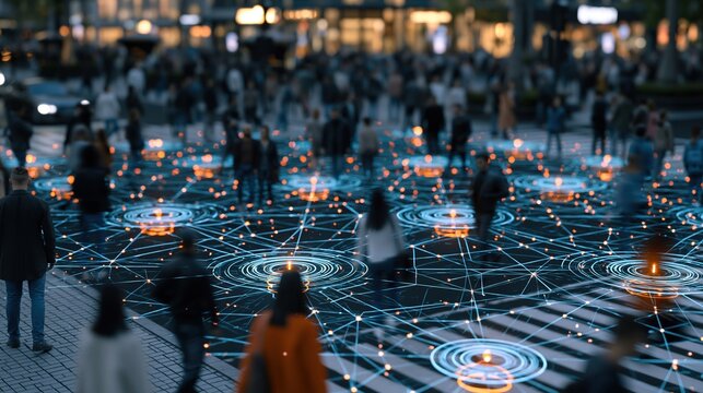People walking through glowing digital network on city