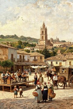 Captivating oil painting of a vibrant European village market, featuring street musicians, people in traditional dress, vendors, and a majestic church tower.
