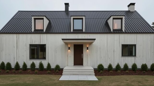 Modern Farmhouse Exterior White House Dark Metal Roof Dormer Surrounded by Trees