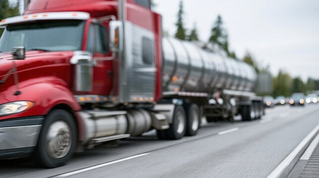 Red semi truck hauling silver tanker trailer on