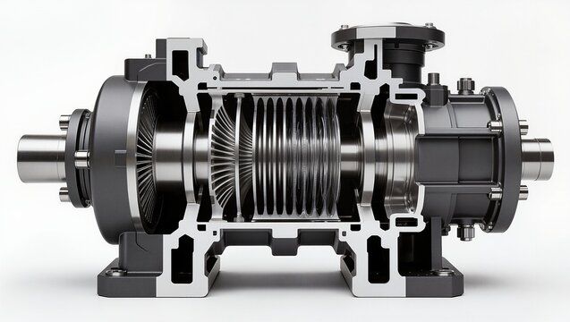 Multistage centrifugal pump labyrinth seal rotor cutaway, white background