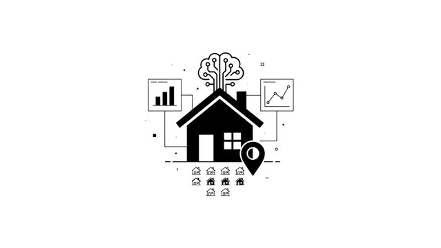 House with a circuit board brain and data charts representing smart home technology and real estate analysis on a white background