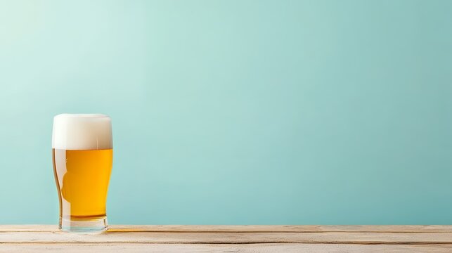 A glass of light beer sits on a rustic wooden surface against a pale teal background