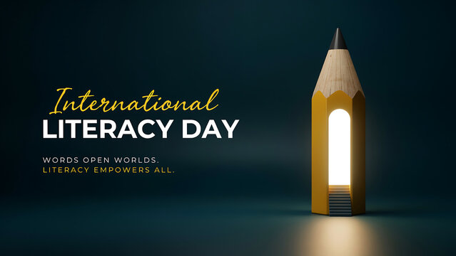International literacy day concept with a yellow pencil shaped like a building with an open glowing door and stairs on a dark background