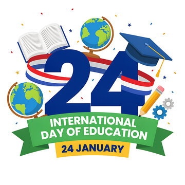 A for international day of education on january 24th, featuring a globe, an open book, a graduation cap, and a pencil on a white background