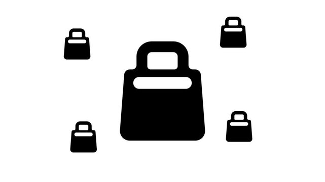 Zoom in and out animation the shopping bag symbol. Large black symbol in the center and four small symbols around. Seamless looped 4k animation on white background