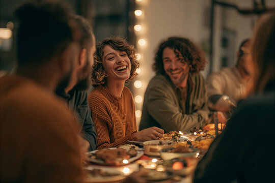 Friends laughing together at a warmly lit dinner table in a restaurant