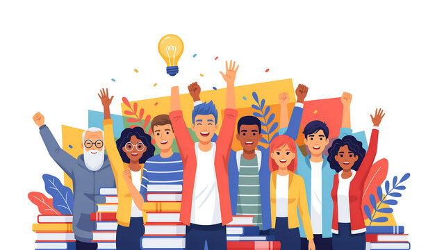 A diverse group of happy people celebrating with arms raised, standing behind stacks of books with a glowing light bulb above their heads